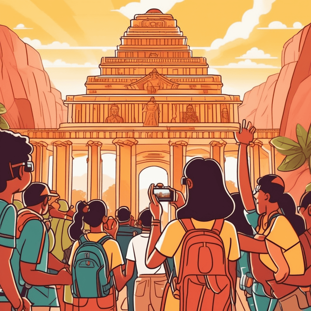 a tour guide enthusiastically points toward a magnificent ancient temple while holding up her finger in emphasis. Tourists around her immediately stop walking and turn to look with amazed expressions on their faces. Their cameras start flashing as they realize this is something extraordinary they cannot miss. The guide's animated gesture and the tourists' instant captivated reactions create a buzz of excitement. Several visitors rush closer to get better photos while others call their friends over. an essential attraction that is highly recommended to see or visit