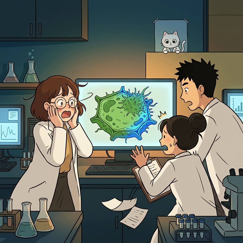 In the lab, a green plant cell begins to mutate into glowing blue under radiation.