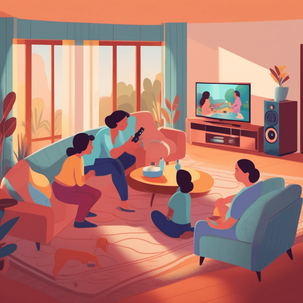 a parent points a remote control toward a large television that's playing loudly with bright, vivid colors. The parent presses the volume and brightness buttons to turn down the intensity. The TV screen becomes noticeably dimmer and the sound waves around the speakers grow smaller and fainter. A small child sleeping on the nearby couch remains peacefully undisturbed by the now-quieter television. Other family members in the background relax more comfortably in the calmer atmosphere. sounds and colors being made quieter and less intense