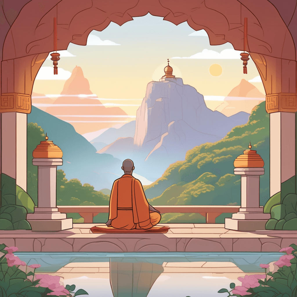 a robed figure sits in deep meditation with eyes closed and hands positioned in prayer pose. Gentle rays of golden light beam down from above, surrounding the person in a warm spiritual glow. The meditator's peaceful expression shows complete surrender and inner focus as they seek divine unity. Soft wisps of incense smoke curl upward while other monks in the background also engage in quiet contemplation. Birds perch silently on nearby branches, creating a harmonious atmosphere of reverence. a person who seeks through contemplation and self-surrender to obtain unity with the divine or absolute