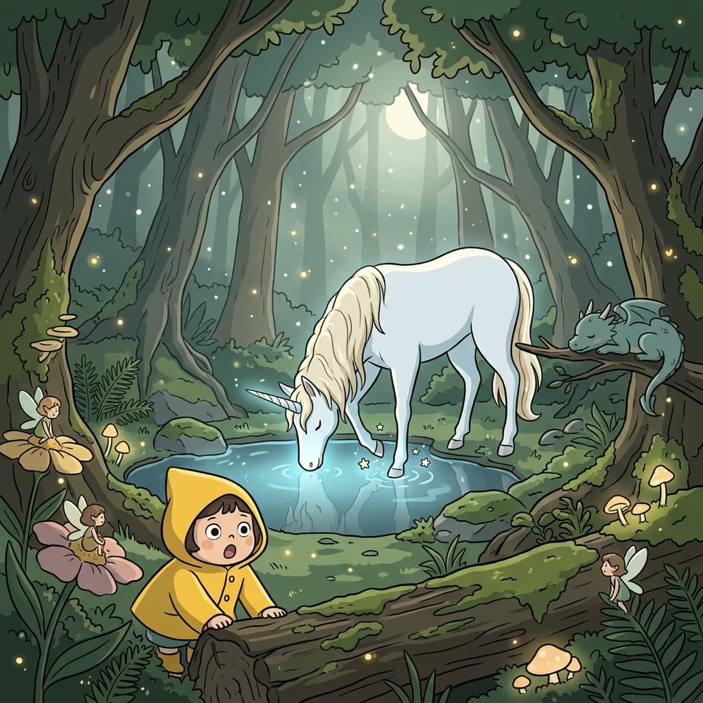 A child stares wide-eyed at a glowing unicorn drinking from a mythical forest pond.