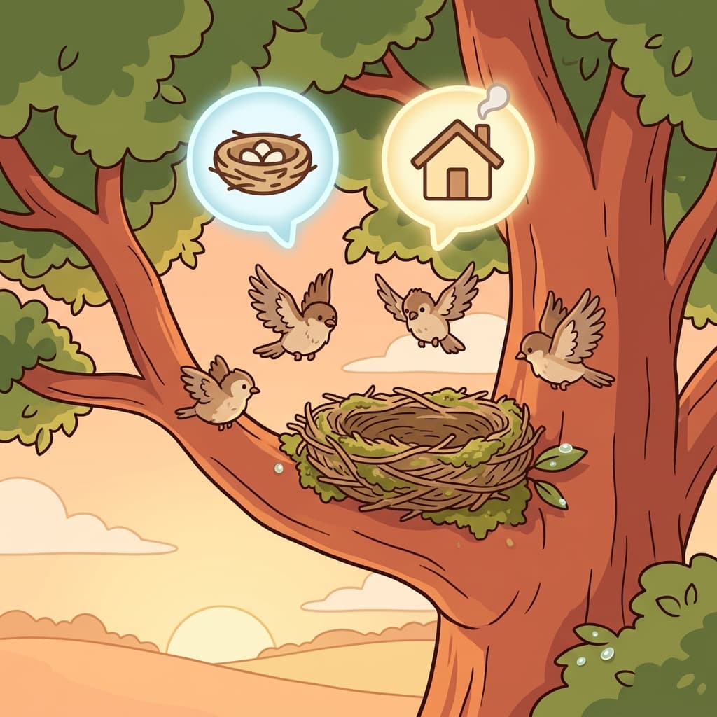 The baby birds returned to the nest where they had first lived, their native home. (NEST + LIVE → your native place is where you first belong)