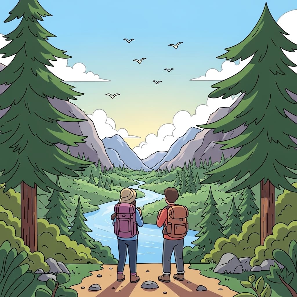 Nature surrounds the hikers with forests, mountains, and flowing rivers.