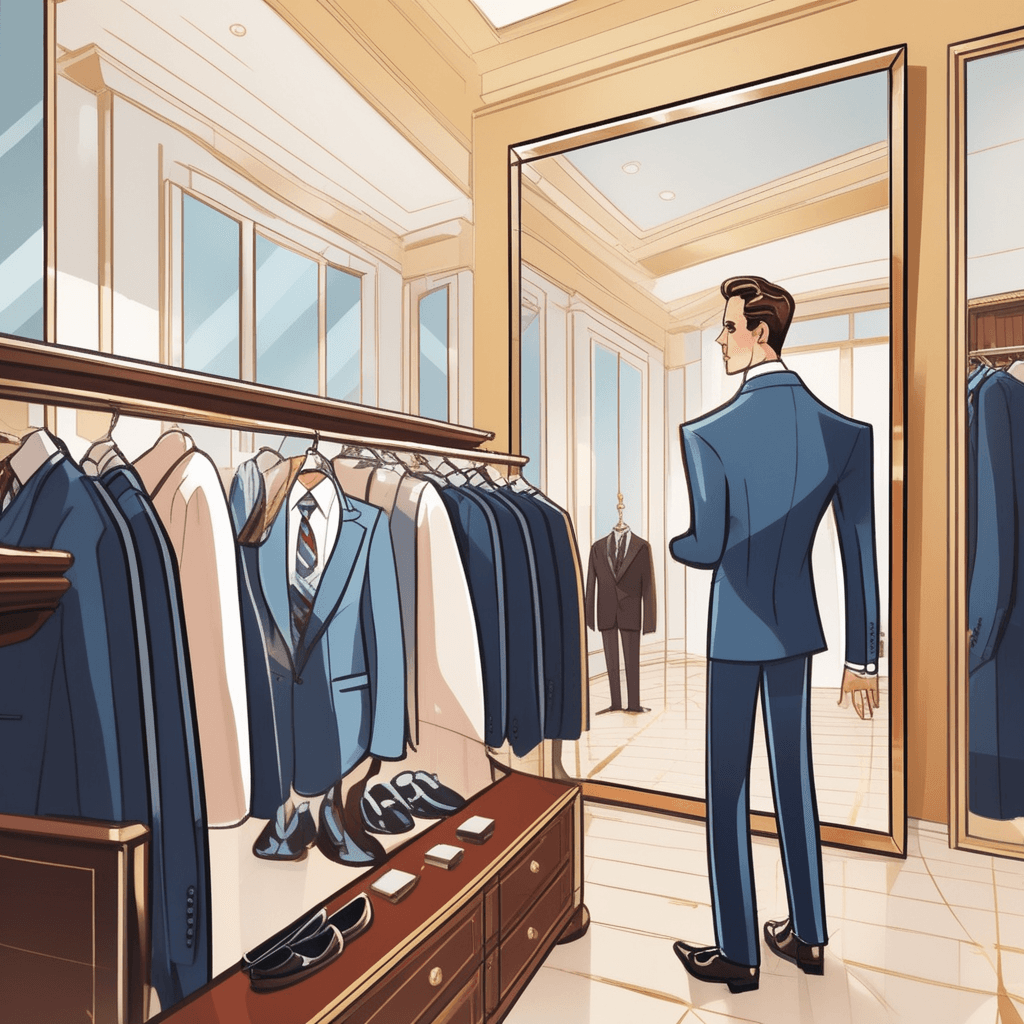 a well-dressed businessman stands before a mirror adjusting a striped silk tie around his neck. He carefully pulls the wide end through the knot while tucking it under his pressed white shirt collar. The tie falls neatly down the front of his shirt, completing his professional appearance. A store clerk nearby holds additional ties and nods approvingly at the customer's choice. Other business suits and formal accessories hang in the background on elegant displays. a strip of cloth worn around the neck under a shirt collar and tied in front