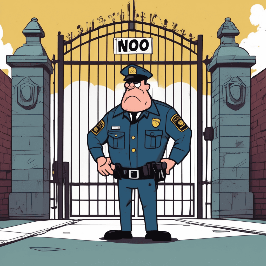 Guard says 'NE-ver through this GATE!' — completely negating entry!