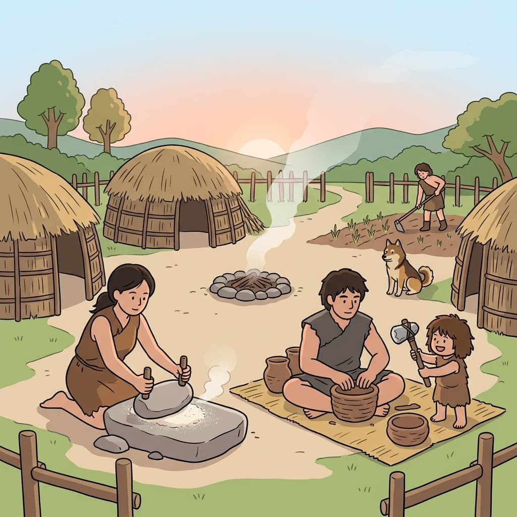 Neolithic villagers grind grain and shape clay pots outside their thatched huts.