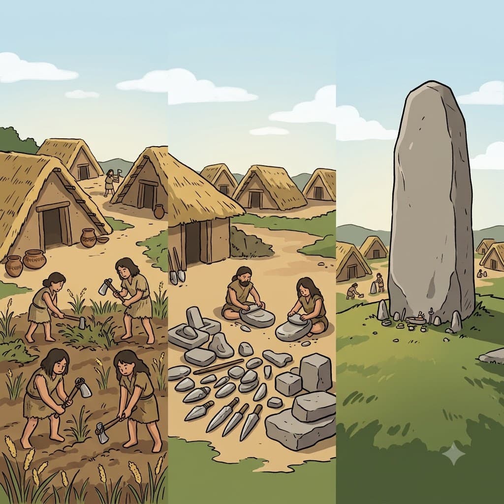 The Neolithic village used lithic tools, while a monolithic stone stood beside the settlement.