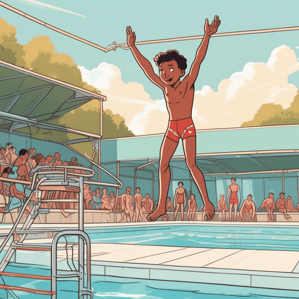 a determined young person stands at the edge of a very high diving board, arms spread wide ready to jump. Their confident posture shows no fear despite the dangerous height above the water below. Other swimmers at pool level look up with worried expressions at the daring dive attempt. The diving coach gestures frantically from the side, clearly concerned about the risky jump. Pool visitors gather around pointing upward at the bold display. Some children hide behind their parents while others watch in amazement. someone being nervy by displaying bold courage and daring confidence in a difficult situation
