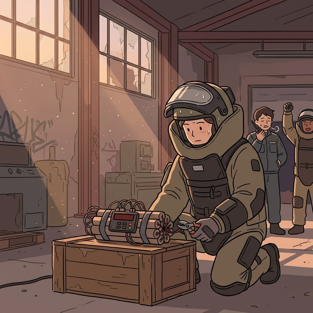 The bomb squad expert works fast to neutralize the device before time runs out.