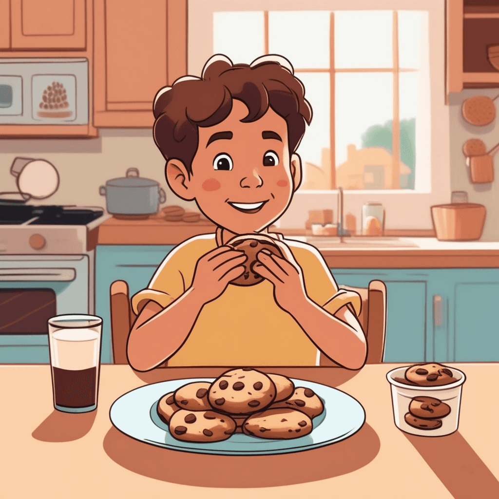 a young child sits at a wooden table holding a chocolate chip cookie with both small hands. The child takes tiny, delicate bites from the edge of the cookie, leaving small semicircular bite marks. Each small bite removes just a few crumbs, leaving most of the cookie intact. The child's cheeks puff slightly as they chew the small pieces slowly and thoughtfully. A parent watches nearby with a gentle smile, appreciating the careful eating style. Other whole cookies remain on a colorful plate, waiting their turn. taking small bites of something rather than eating it quickly
