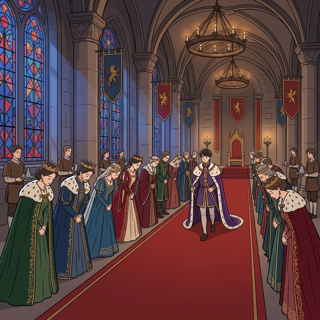 The nobility gathered in the grand hall for the king's coronation ceremony.