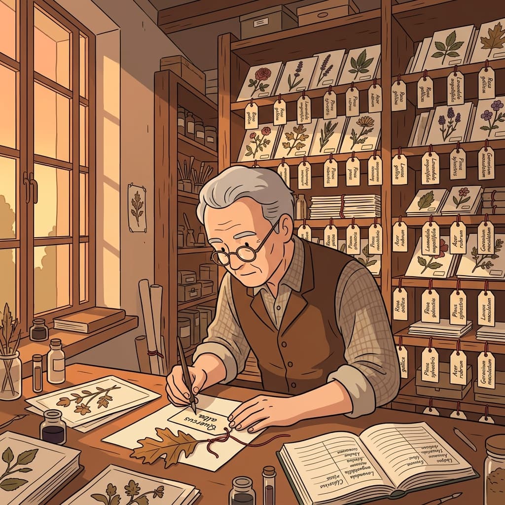 The botanist labels each plant using the official nomenclature of Latin names.