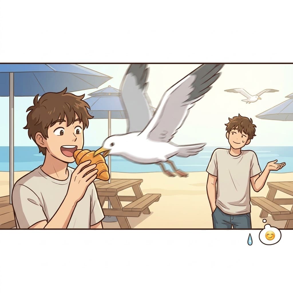 When the seagull suddenly snatched his expensive croissant, the man just gave a completely nonchalant shrug instead of getting angry.