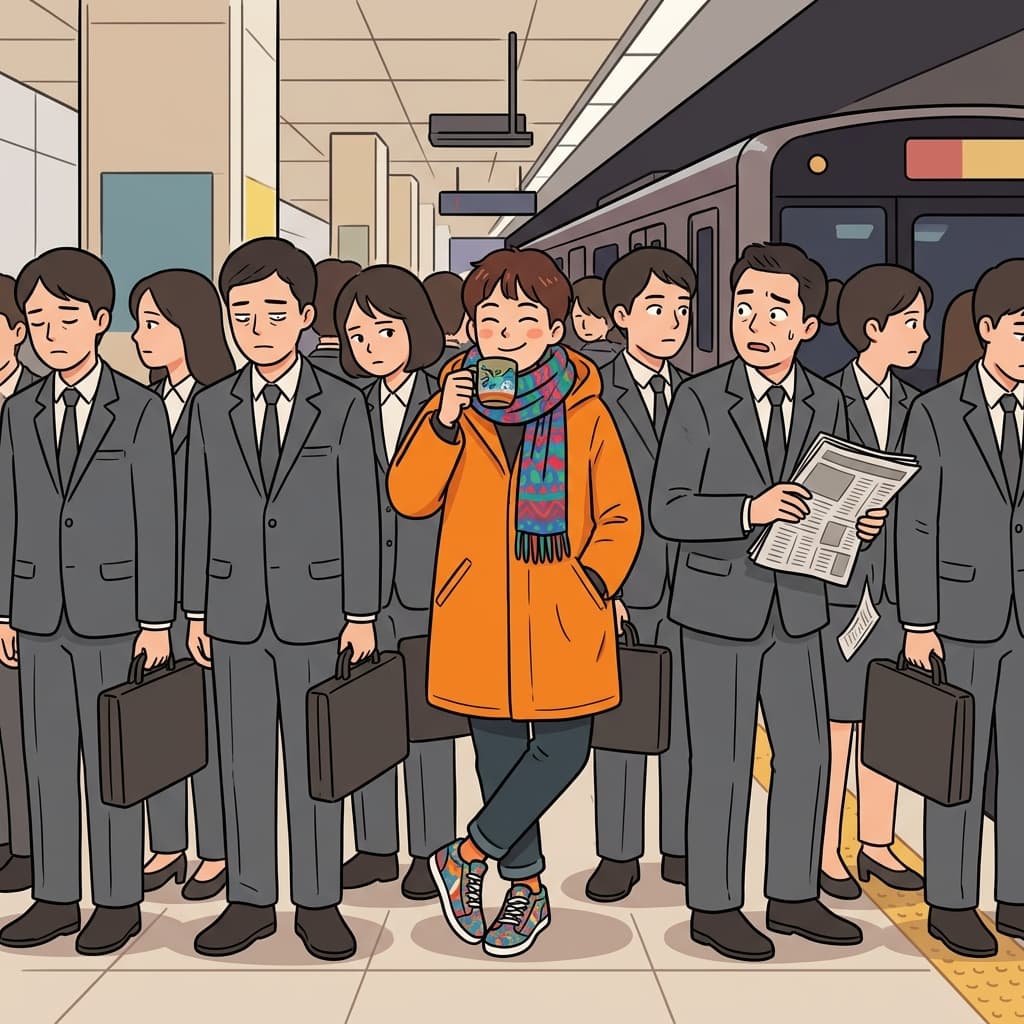 In a sea of gray suits, one nonconformist wears bright orange and smiles.
