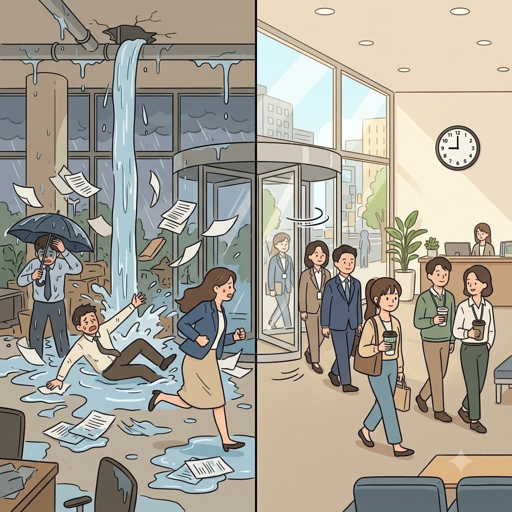While the sudden storm turned the office upside down, the staff returned to their normal routine.
