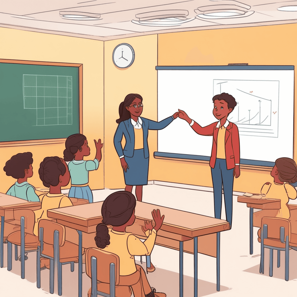 a teacher points to a chart showing proper classroom behaviors like raising hands and sitting quietly. She demonstrates the correct way to raise a hand while speaking to attentive students. Several students immediately copy her example, raising their hands in the same proper manner. Other students adjust their posture to match the expected standard shown on the chart. The classroom atmosphere becomes more organized as everyone follows the established guidelines. standards being set that establish proper behavior for everyone to follow