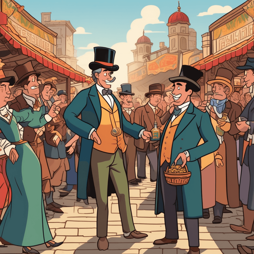 a flamboyant salesman in a top hat holds up a colorful bottle while gesturing wildly to attract customers. He points to the bottle with exaggerated enthusiasm as if it can cure everything. A skeptical customer examines an identical bottle they bought earlier, frowning at its lack of results. Another disappointed buyer shakes an empty bottle and looks confused about why they feel no better. Passersby gather around but keep their distance, whispering and pointing at the dubious merchant. Some customers walk away shaking their heads after realizing the promises were false. a medicine or remedy that is not considered effective being sold as a cure-all solution