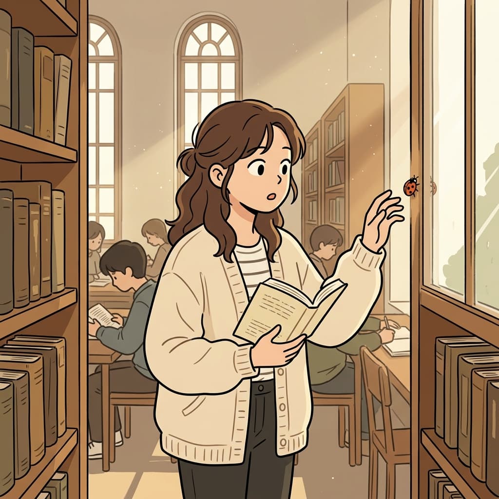 She stopped to notice a small ladybug crawling on the library window.