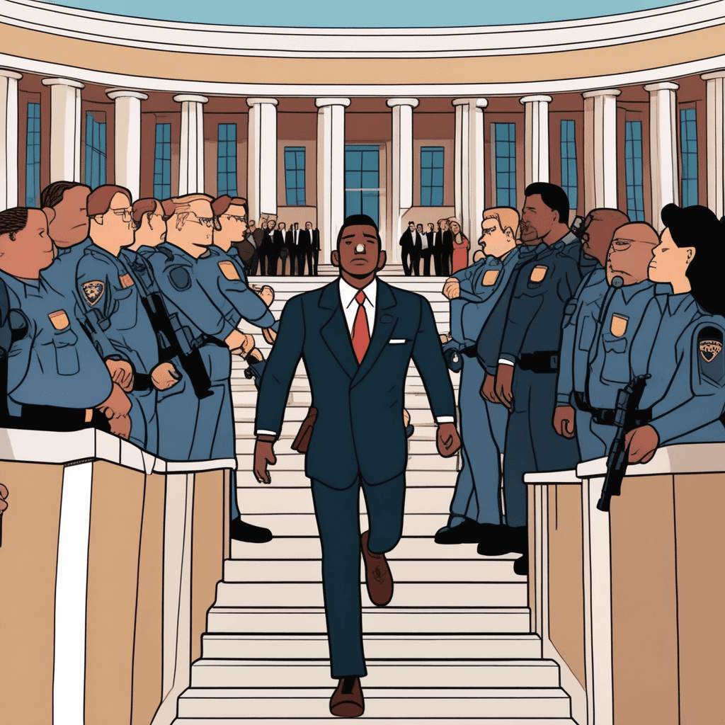a well-dressed person in handcuffs walks down the courthouse steps surrounded by police officers. Camera flashes burst from all directions as reporters push forward with microphones and cameras. The defendant's face shows shame and regret while trying to hide from the attention. What started as a respected public figure has now become the center of a major scandal. Reporters shout questions while photographers capture every moment of the downfall. Onlookers in the background point and whisper about the disgraced individual. someone becoming famous for bad deeds and wrongdoing