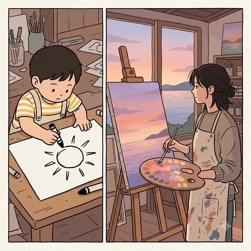 While the child used only plain black and white crayons, the painter mixed delicate pastel shades to capture the nuanced light of the sunset.