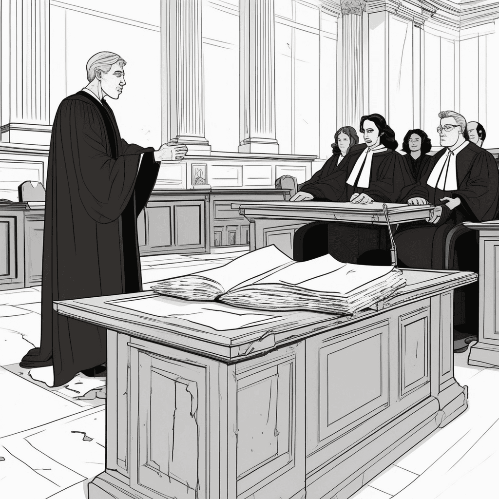 a stern judge in black robes holds up a torn contract with both hands, showing it has been ripped in half. The judge's expression shows authority as they demonstrate the document's worthlessness. The torn pieces clearly show the contract cannot be used anymore because it has lost all legal power. A disappointed businessman in a suit watches from below as his agreement becomes completely useless. Other courtroom observers lean forward to witness the contract being officially invalidated. the document having no legal validity or effect and being completely invalid