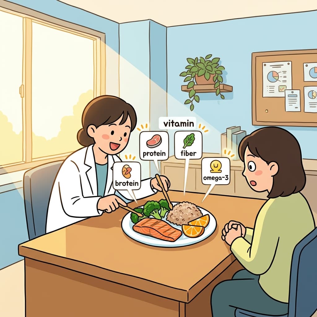 The dietitian explains the nutritional value of each food on the balanced plate.