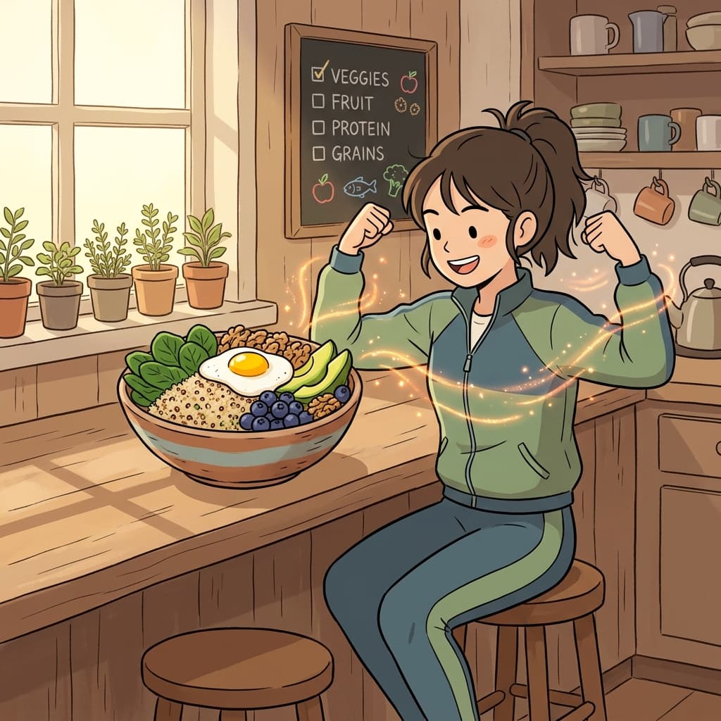 A colorful bowl of nutritious grains, greens, and berries fuels her morning run.