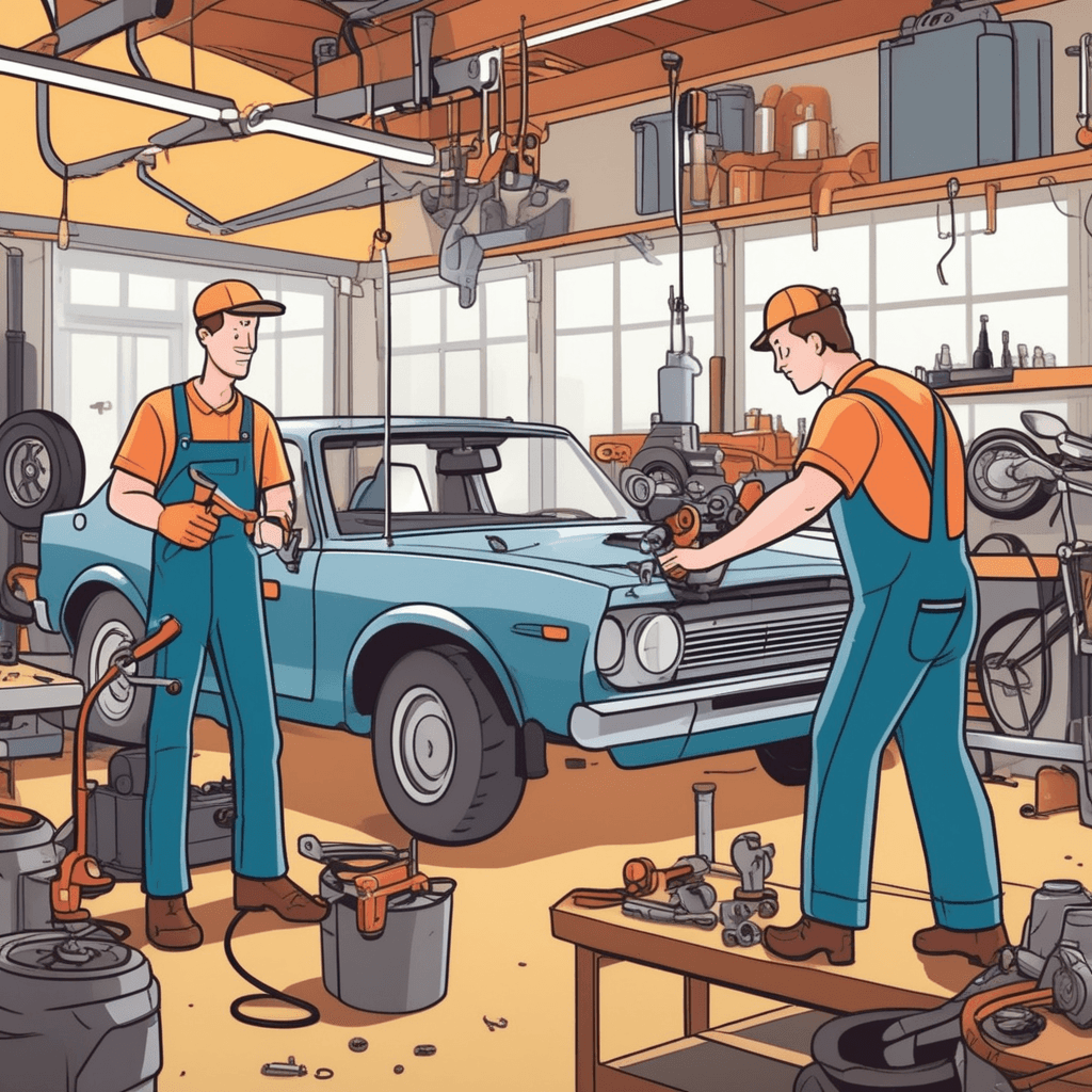 In the center of the frame, an experienced mechanic demonstrates how to properly tighten bolts on an engine to a young apprentice. The instructor points to each specific bolt while explaining the fundamental steps of the repair process. The student watches intently and takes notes as the mechanic shows the essential techniques needed for the job. Other mechanics work on nearby vehicles, focusing on their own basic repair procedures. someone learning the basic practical details and essentials of mechanical work