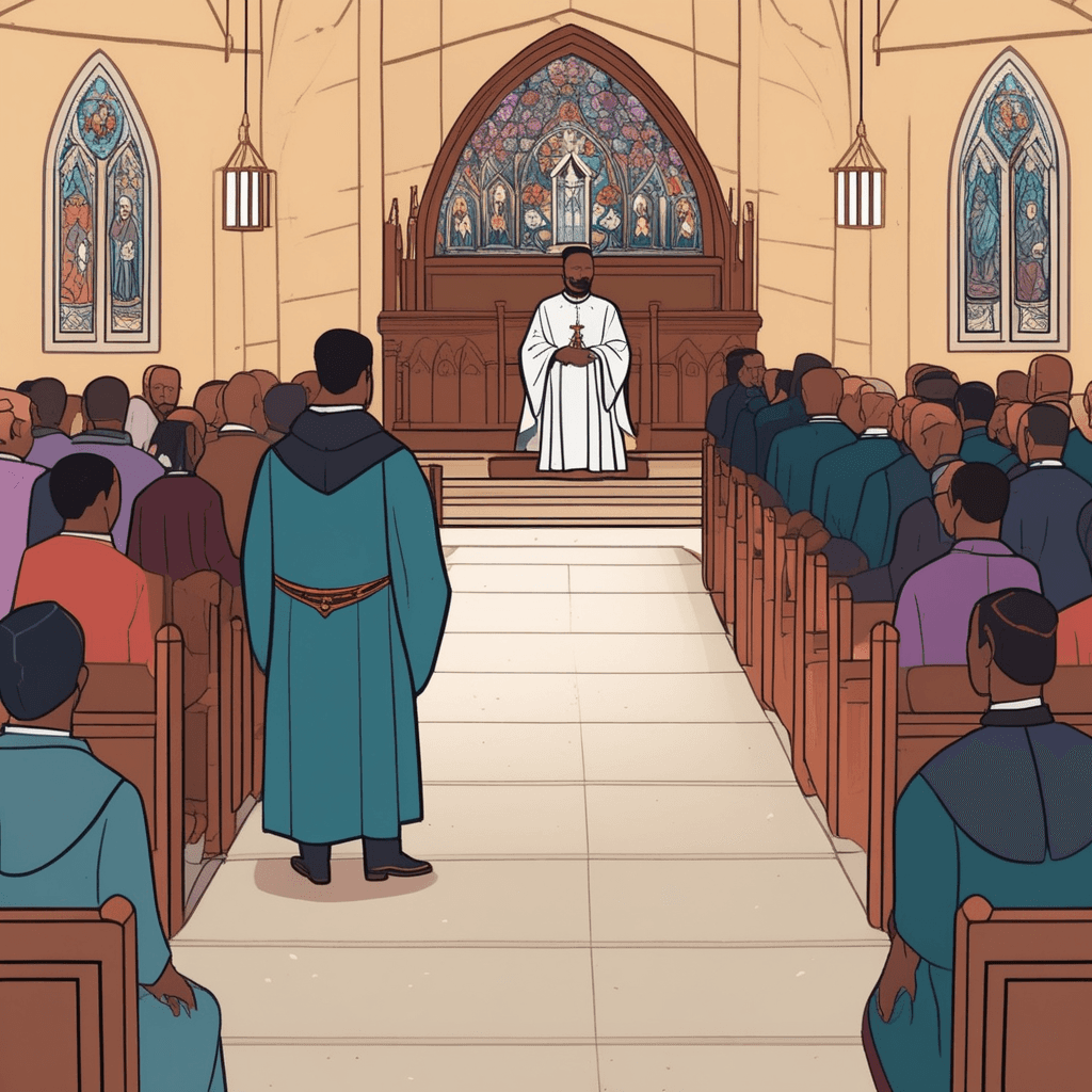 a dignified minister in dark robes stands before gathered mourners, gesturing respectfully toward a flower-covered casket. He speaks solemnly while holding an open prayer book in his hands. The congregation of family and friends sits quietly in the pews, some holding tissues and comforting each other. Soft light filters through the stained glass windows, casting gentle colors across the sacred space. Several mourners bow their heads in prayer while others listen attentively to the service. a funeral rite or ceremony taking place