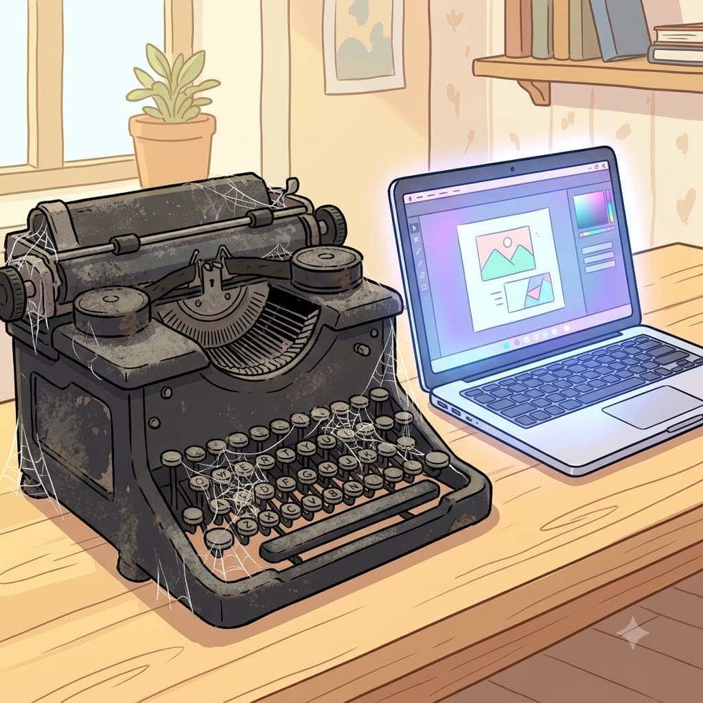 The obsolescence of the old typewriter became obvious beside the modern laptop.