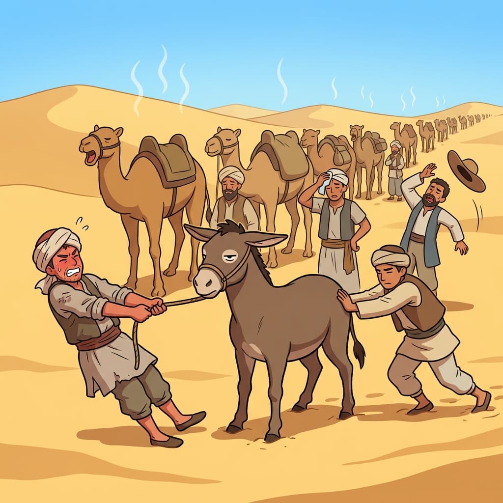 The old donkey's obstinacy stopped the entire caravan in the desert heat.