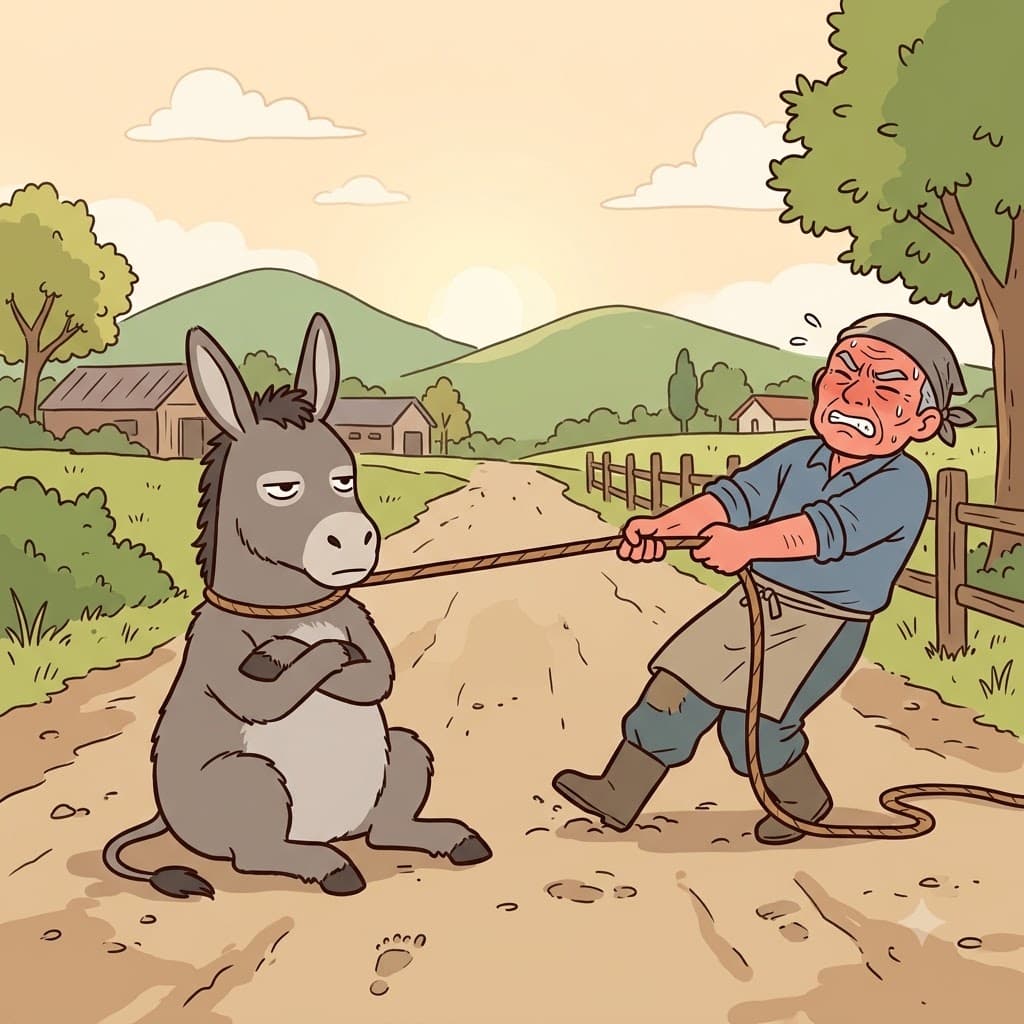 Despite the farmer pulling with all his might, the obstinate donkey sat down and refused to move.