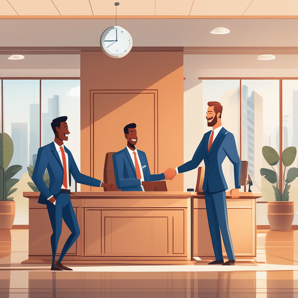 a confident entrepreneur shakes hands with a smiling bank loan officer across a polished wooden desk. Business documents and financial papers are spread between them showing approval stamps. The banker slides a large check across the desk toward the entrepreneur. The entrepreneur's face lights up with relief and excitement as they receive the funding. Other bank staff members smile approvingly in the background near filing cabinets. A briefcase full of cash sits open on the desk corner. the successful acquisition of financial resources for a business venture
