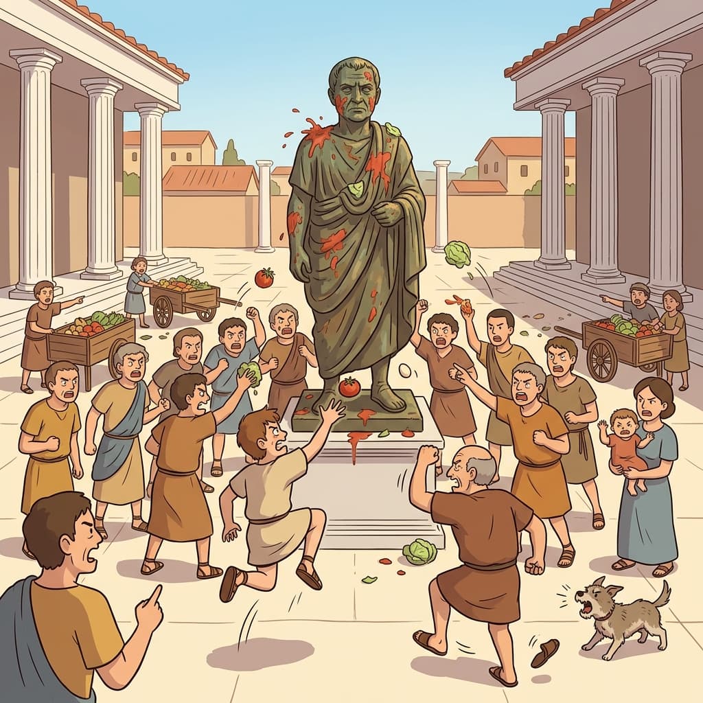 The corrupt senator faced public odium as citizens hurled rotten fruit at his statue.