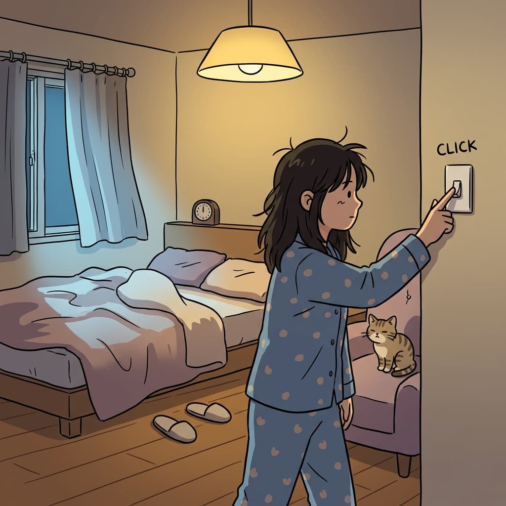 She flips the light off and heads to bed with a yawn.