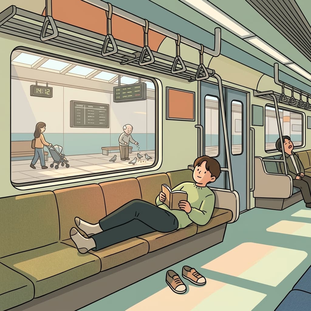 The subway is nearly empty during off-peak hours on a quiet Tuesday afternoon.