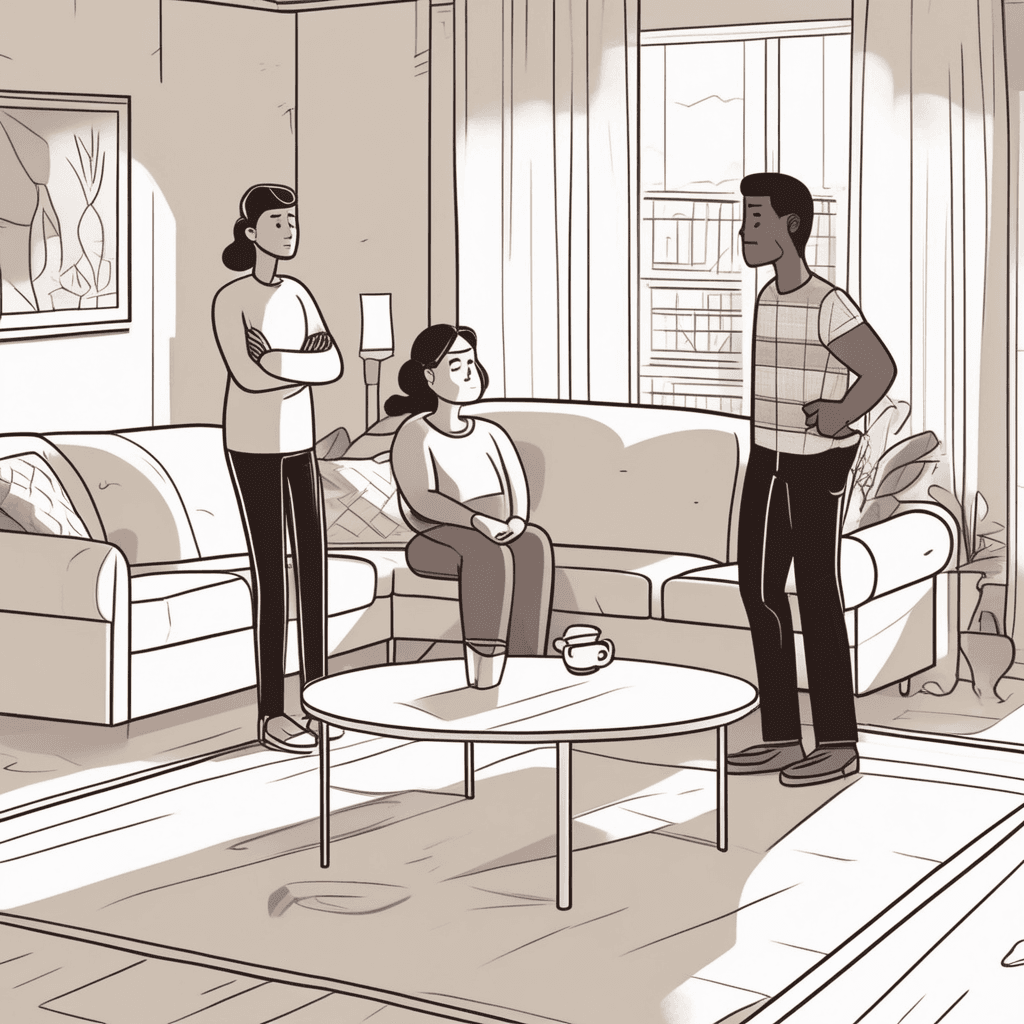 a person stands with hands clasped together, head slightly bowed, speaking earnestly to someone sitting on the sofa. Their facial expression shows genuine regret and remorse for something they have done wrong. A broken vase with scattered pieces lies on the floor between them, showing what caused the need for this conversation. The person sitting looks initially upset but begins to soften as they listen to the heartfelt words. Their body language shifts from crossed arms to a more open posture as understanding develops. someone offering an apology to express regret for a mistake or wrongdoing