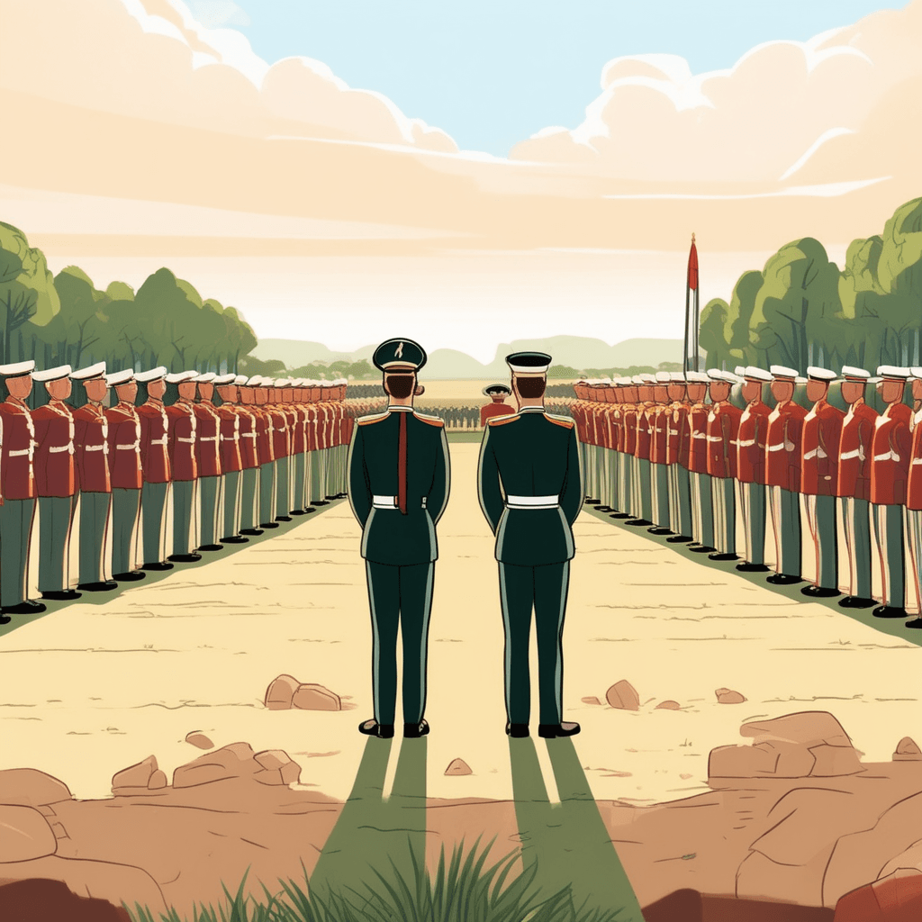 A military officer commands troops during formation training
