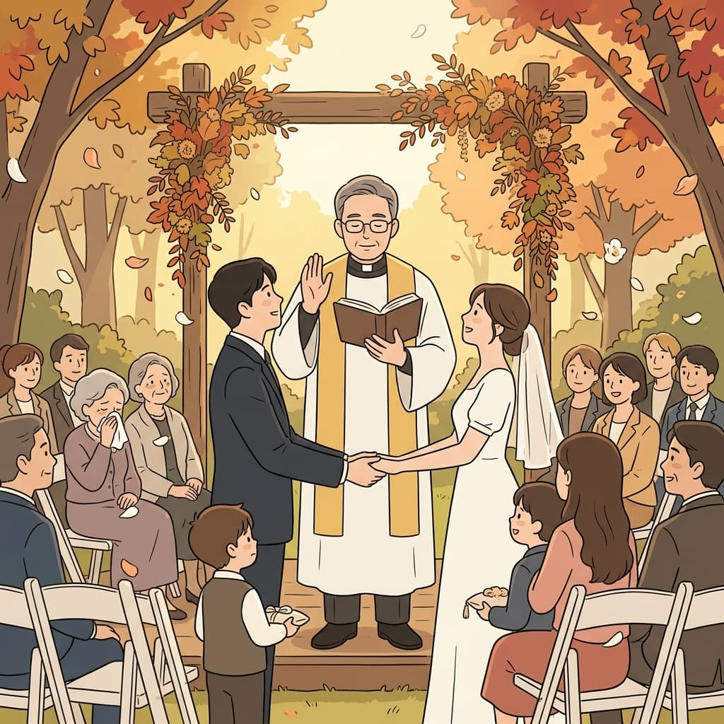 The priest will officiate the wedding ceremony under the autumn arch.