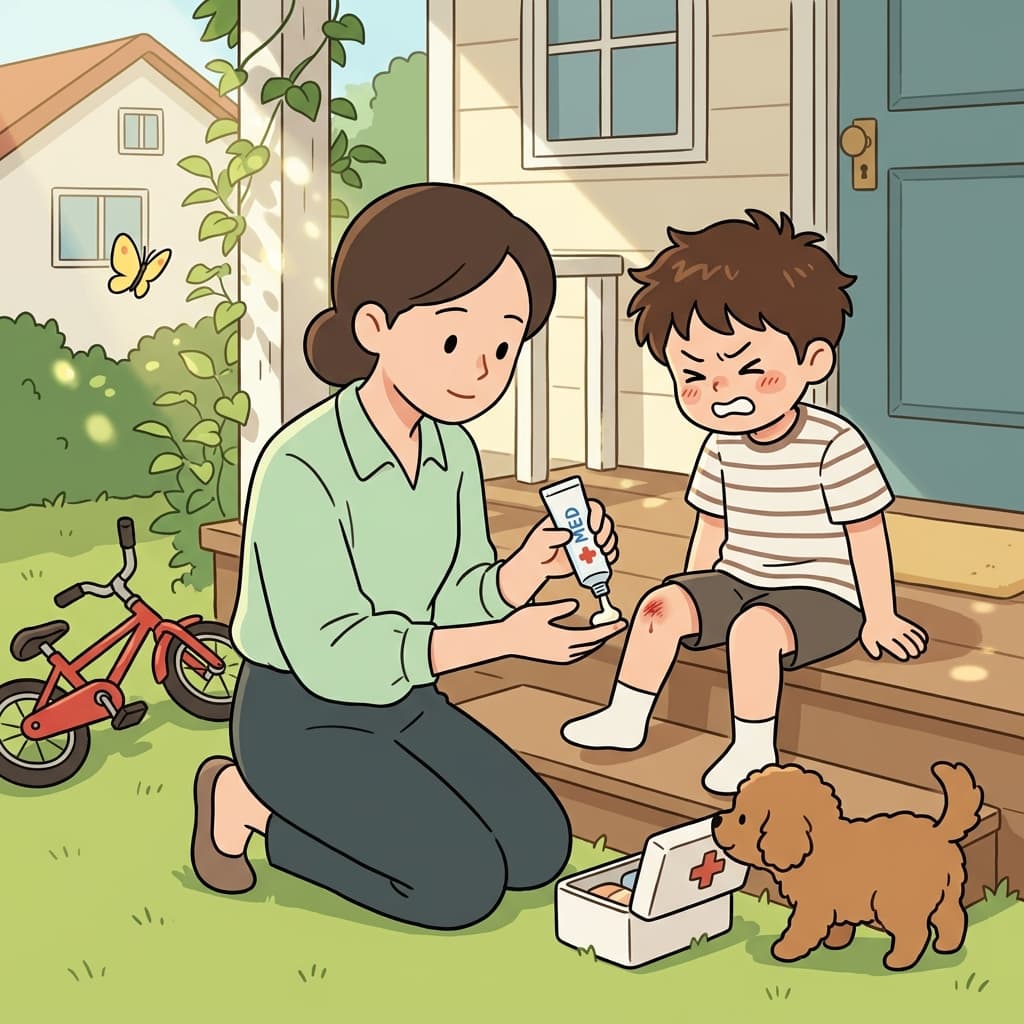 She rubs ointment on her son's scraped knee after he fell off his bike.