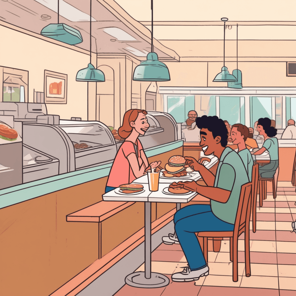 a customer takes a bite of their sandwich and gives a neutral shoulder shrug to the server waiting nearby. The customer's facial expression shows mild satisfaction but no excitement or enthusiasm. The server nods understandingly as the customer gives a thumbs-up gesture that lacks energy. Other diners in the background eat their meals with similarly moderate reactions. The food looks decent but unremarkable on simple plates. something that is satisfactory but not especially good or impressive