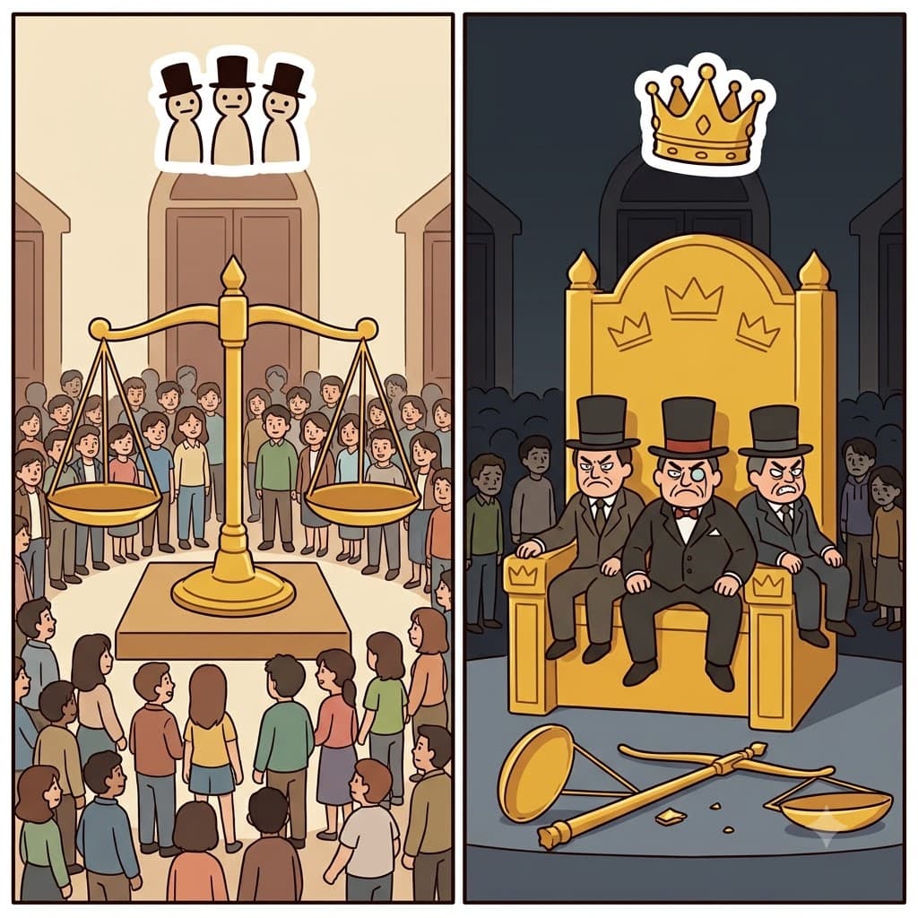 OLIG(few) + ARCHY(rule) — handing the ARCHY(rule) of the country to only a OLIG(few) rich men, the government became an oligarchy.