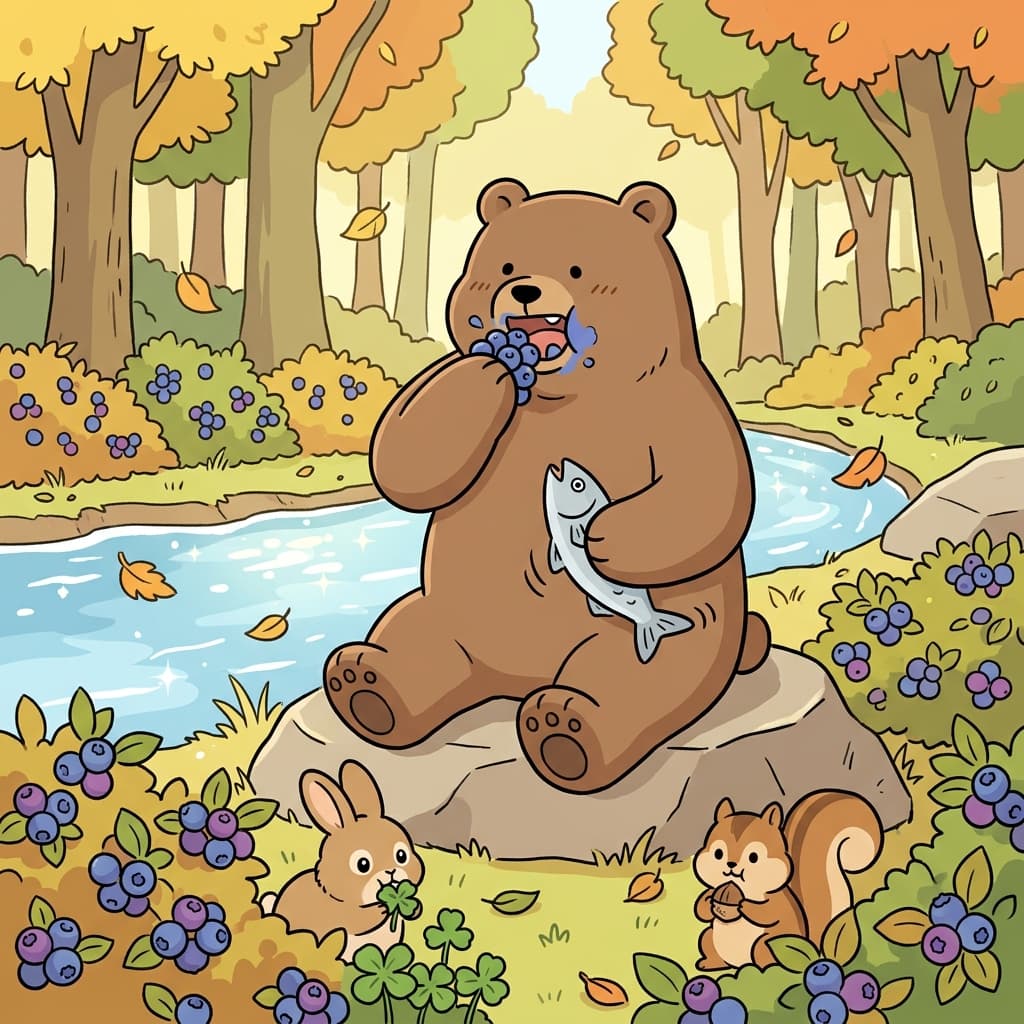 A bear grabs berries with one paw and a fish with the other — a true omnivore.
