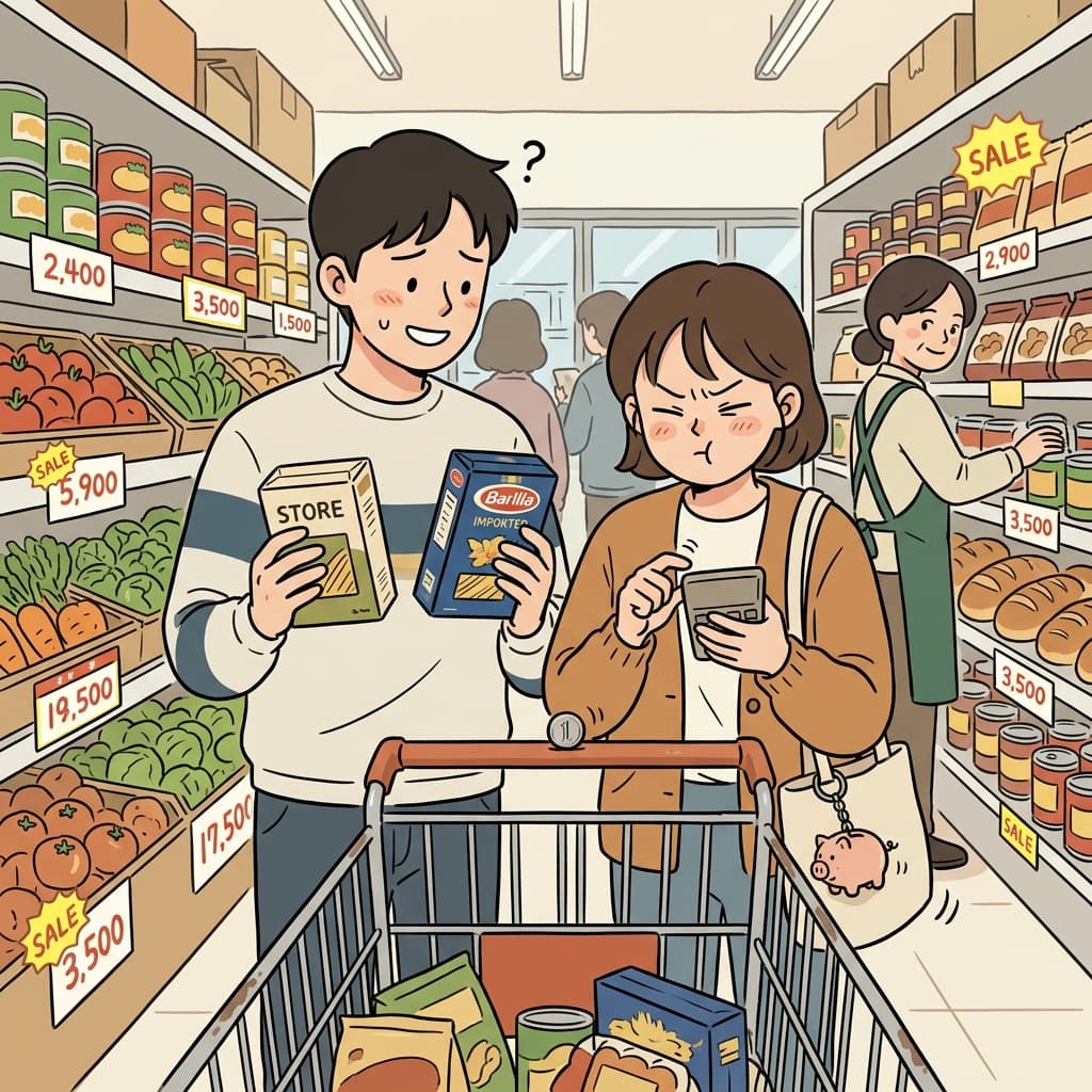 The young couple shops on a tight budget, checking every price tag twice.