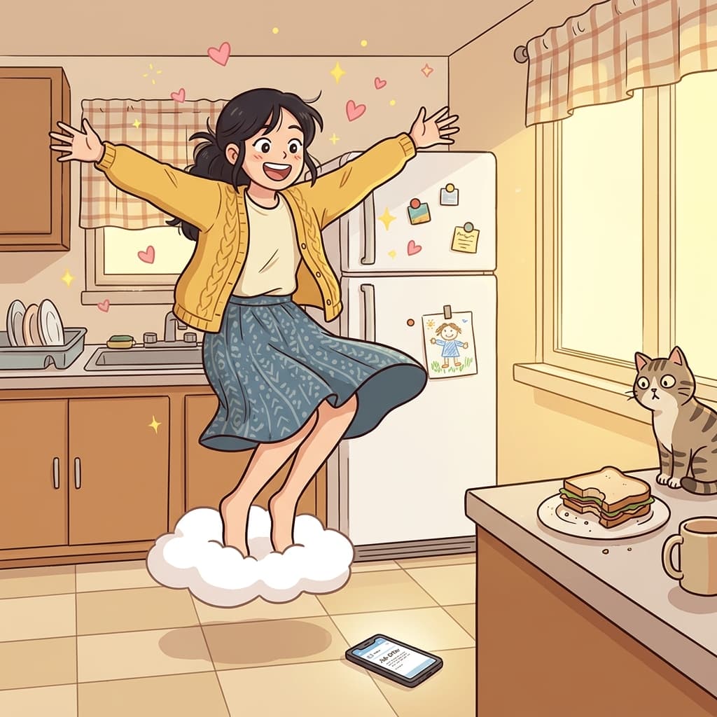 After hearing she got the job, Mia was on cloud nine all afternoon.