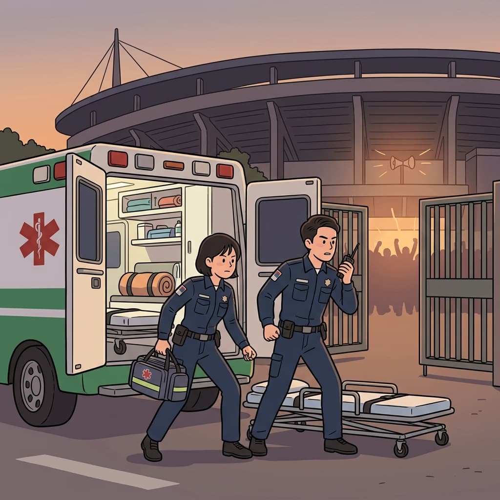 The paramedics wait on standby outside the stadium, ready to rush in.