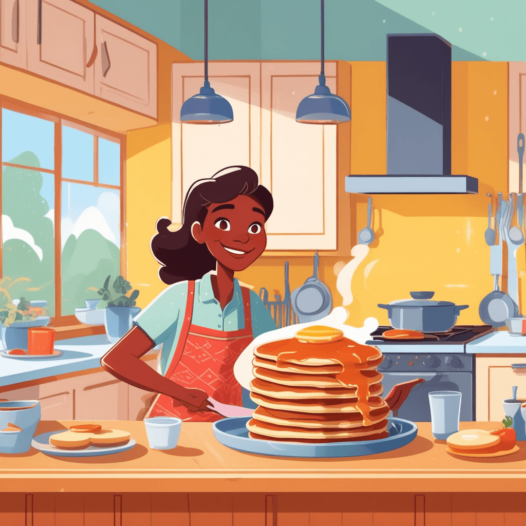 a cheerful mother carefully places a steaming hot plate of pancakes directly on top of the wooden kitchen table. The plate sits firmly on the table's surface with full contact between the bottom of the plate and the top of the table. Next to her, a young child sets a glass of orange juice on the same table surface. The father reaches over to place his coffee mug on a wooden coaster that rests on the table. Everyone moves around the table arranging breakfast items that all rest securely on top of the table's surface. multiple objects in contact with and supported by the top surface of the table