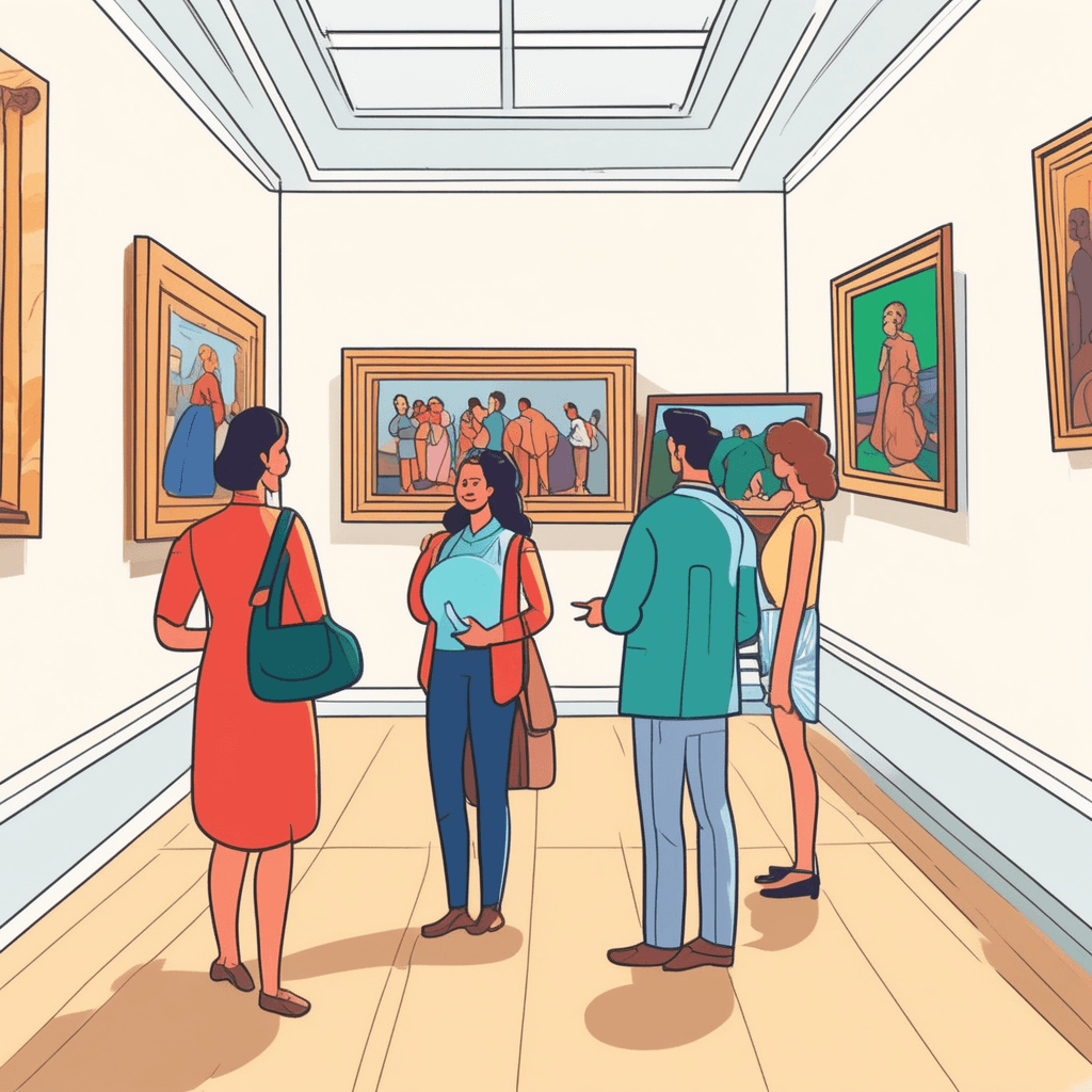 a museum curator points proudly toward a beautiful painting hanging prominently on the wall. The artwork is positioned at perfect eye level with professional lighting illuminating it from above. Visitors gather around the painting, studying it carefully and discussing what they observe. Some visitors take notes while others simply admire the colors and brushwork. artwork being displayed publicly for people to see and appreciate