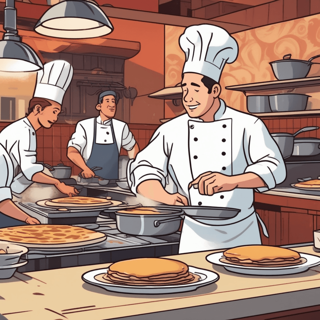 a nervous young cook attempts to flip pancakes while an experienced chef watches closely beside him. The new cook's first pancake falls apart, but he immediately tries again with better technique. The chef demonstrates the proper wrist motion and timing for the flip. The second pancake lands perfectly in the pan, and the young cook's face lights up with confidence. Other kitchen staff work efficiently around them, creating a realistic work environment. practical knowledge and skills being gained while actually doing the job