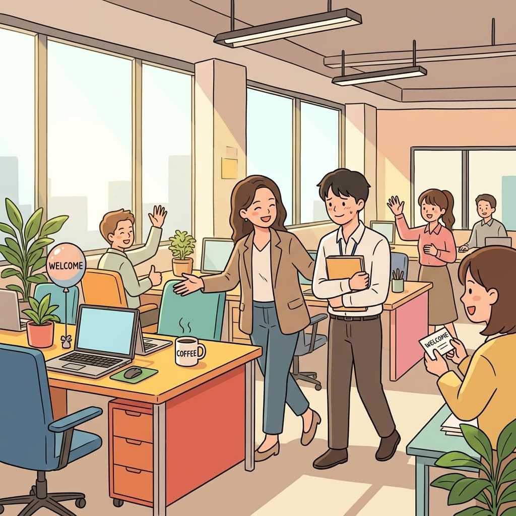 The manager will onboard the new hire with a friendly office tour.
